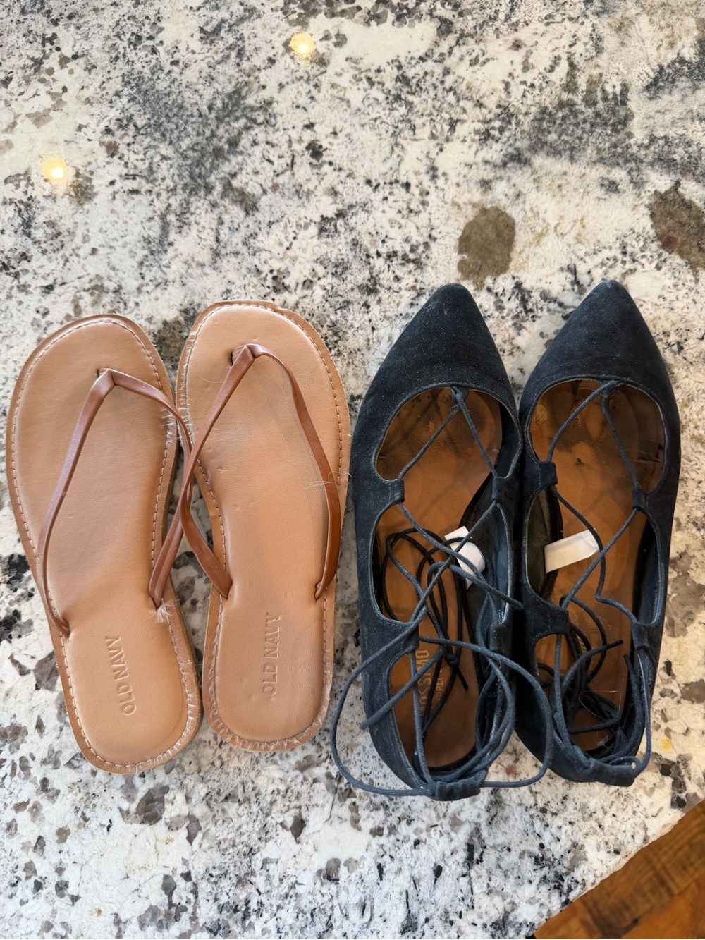 Old Navy Tan Flip Flops size 6 and Black Lace-Up Flats Duo Mossinos size 6.5